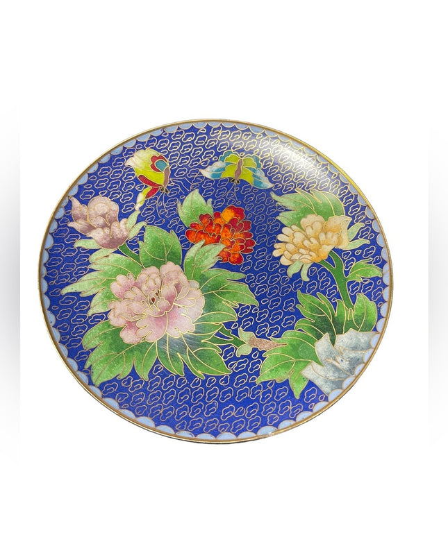 Vintage 1930s Chinese cloissone Enamled butterfly flower decor plate