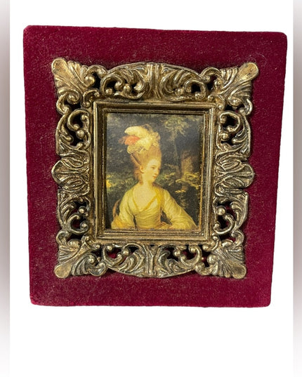 Vintage mid century Italy red velvet printed fabric Victorian lady picture