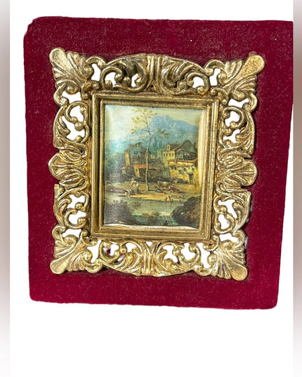 Vintage mid century Italy red velvet printed fabric Victorian scenic picture