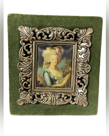 Vintage mid century Italy green velvet printed fabric Victorian lady picture