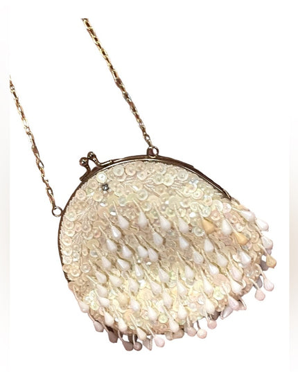 Vintage plastic bead & sequin white purse bag gold chain strap