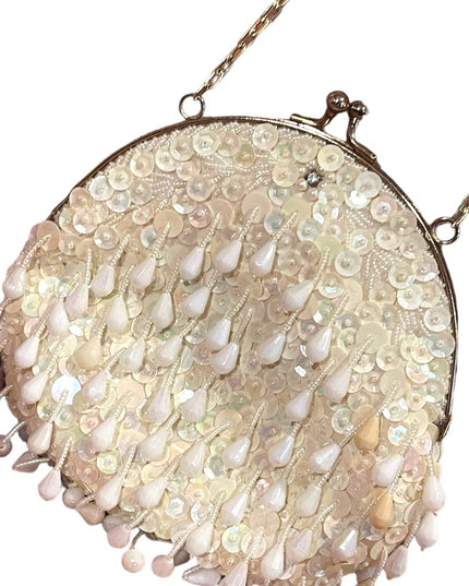 Vintage plastic bead & sequin white purse bag gold chain strap