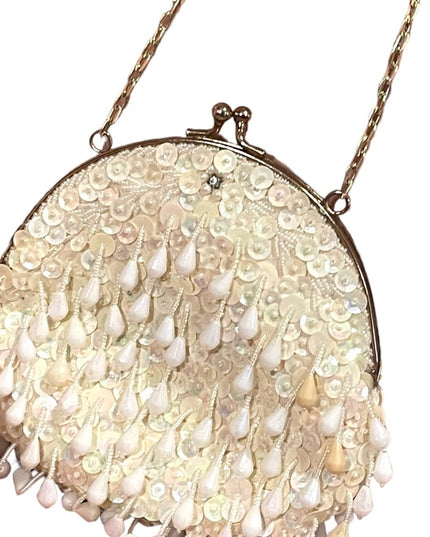 Vintage plastic bead & sequin white purse bag gold chain strap