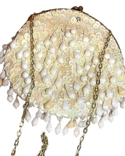 Vintage plastic bead & sequin white purse bag gold chain strap