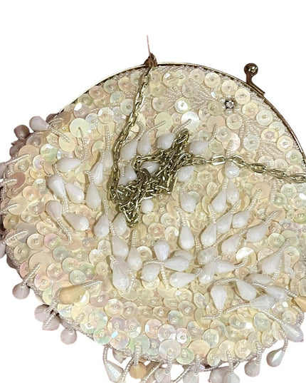 Vintage plastic bead & sequin white purse bag gold chain strap