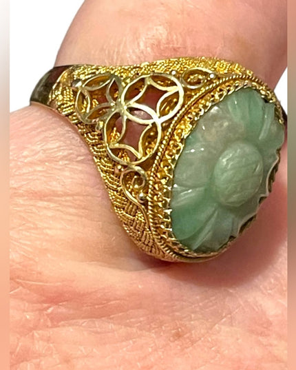 Chinese Antique Art Deco  Apple Green Jadeite Jade Filigree Ring Silver gold