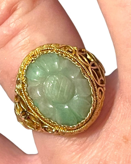 Chinese Antique Art Deco  Apple Green Jadeite Jade Filigree Ring Silver gold
