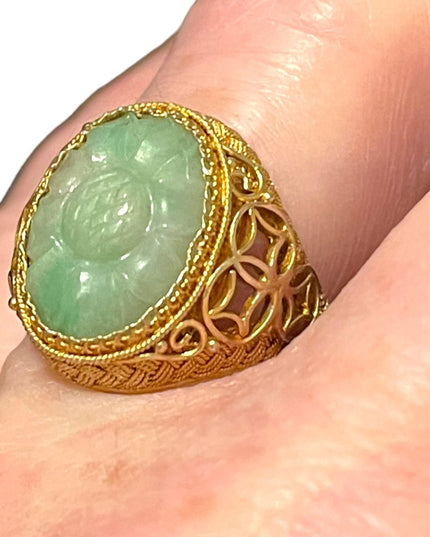 Chinese Antique Art Deco  Apple Green Jadeite Jade Filigree Ring Silver gold