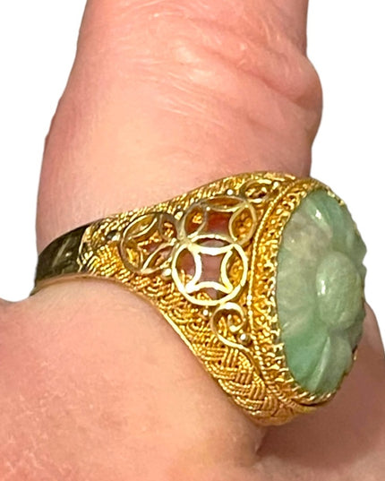 Chinese Antique Art Deco  Apple Green Jadeite Jade Filigree Ring Silver gold