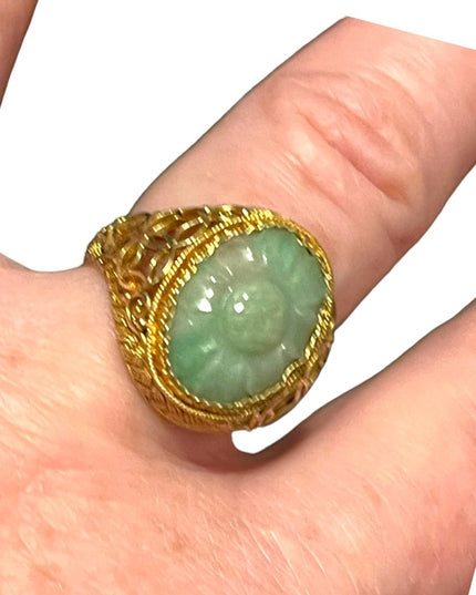 Chinese Antique Art Deco  Apple Green Jadeite Jade Filigree Ring Silver gold