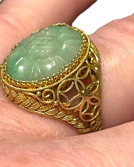 Chinese Antique Art Deco  Apple Green Jadeite Jade Filigree Ring Silver gold