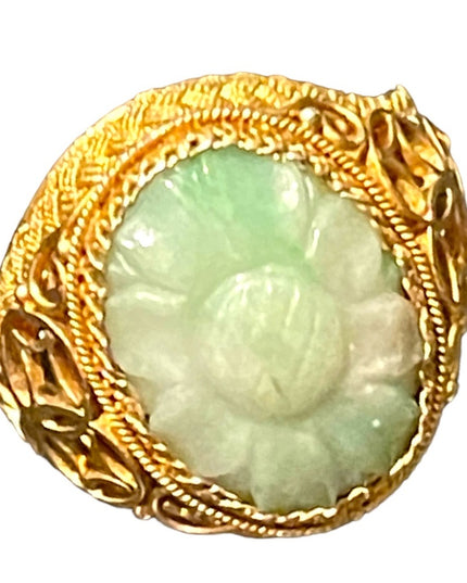 Chinese Antique Art Deco  Apple Green Jadeite Jade Filigree Ring Silver gold