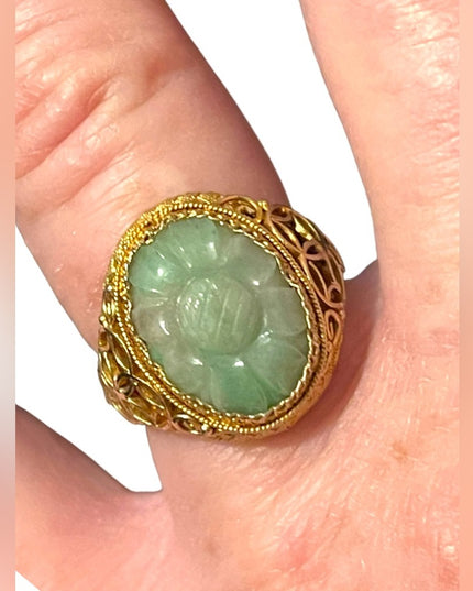 Chinese Antique Art Deco  Apple Green Jadeite Jade Filigree Ring Silver gold