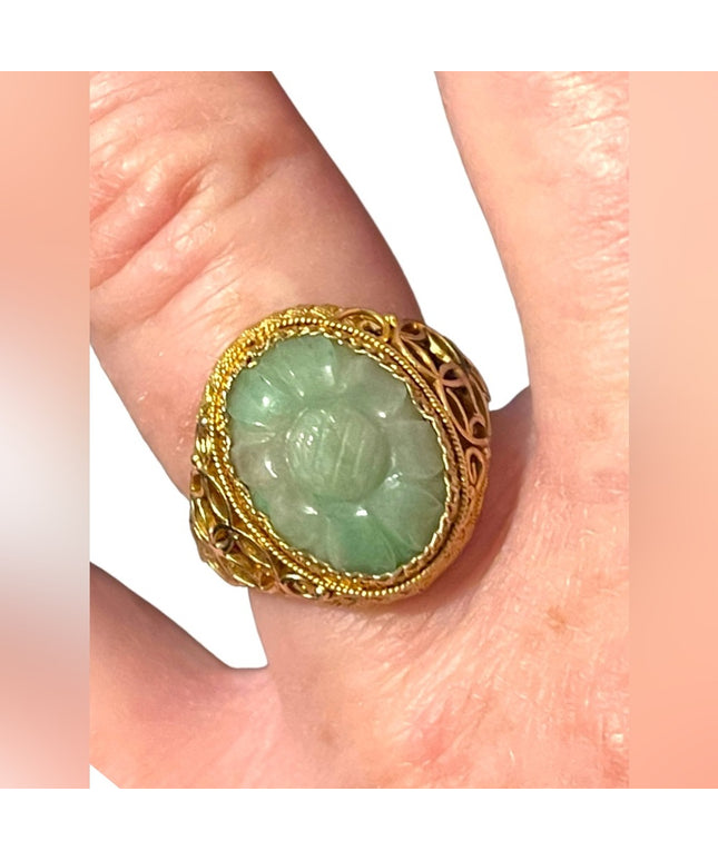 Chinese Antique Art Deco  Apple Green Jadeite Jade Filigree Ring Silver gold