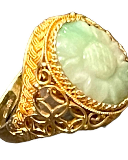 Chinese Antique Art Deco  Apple Green Jadeite Jade Filigree Ring Silver gold