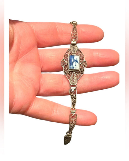 Antique Holland Delft Sterling silver filagree ceramic bracelet