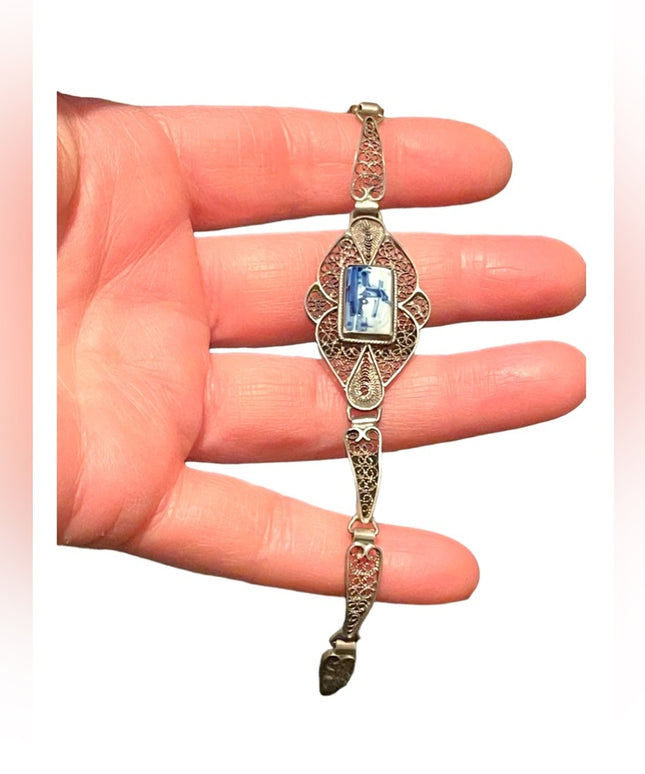 Antique Holland Delft Sterling silver filagree ceramic bracelet