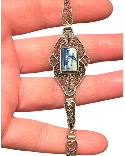 Antique Holland Delft Sterling silver filagree ceramic bracelet