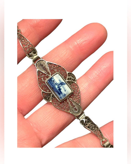 Antique Holland Delft Sterling silver filagree ceramic bracelet