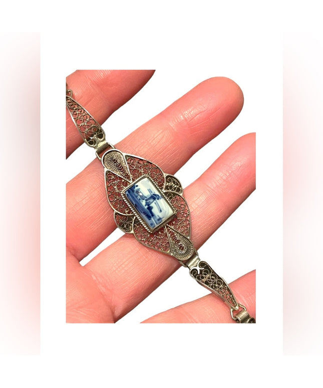 Antique Holland Delft Sterling silver filagree ceramic bracelet