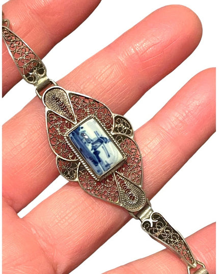 Antique Holland Delft Sterling silver filagree ceramic bracelet