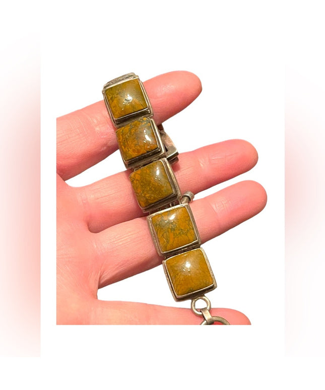 Sterling silver 925 Heavy chunky Unakite stone braclet