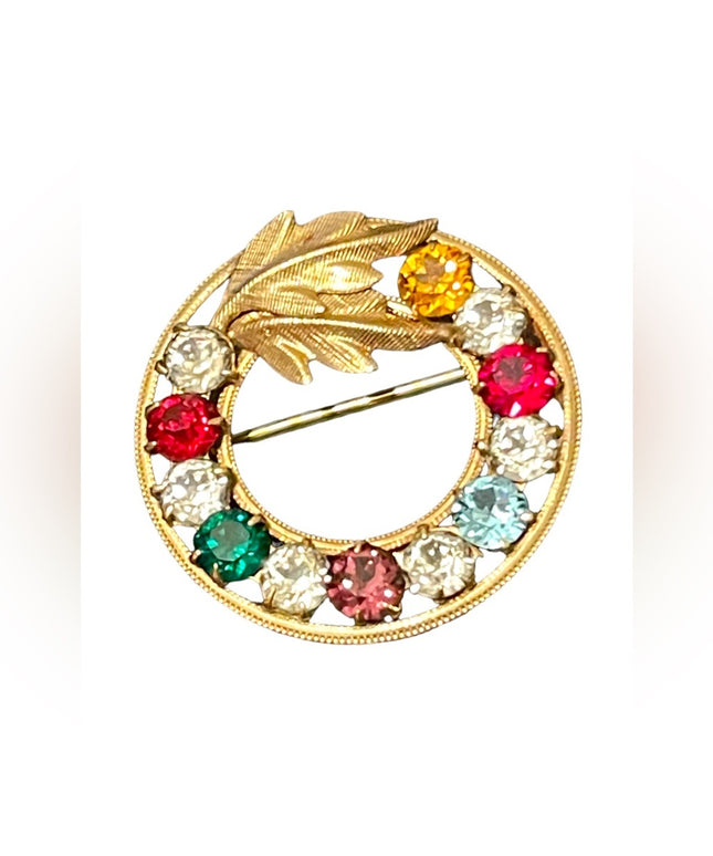 Vintage 14k gold filled DCE colorful rhinestone crystal wreath leaf brooch 1950s