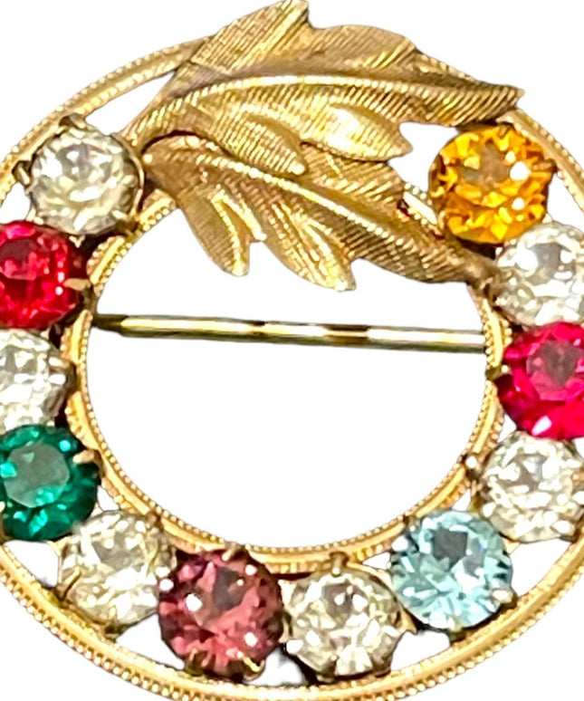 Vintage 14k gold filled DCE colorful rhinestone crystal wreath leaf brooch 1950s