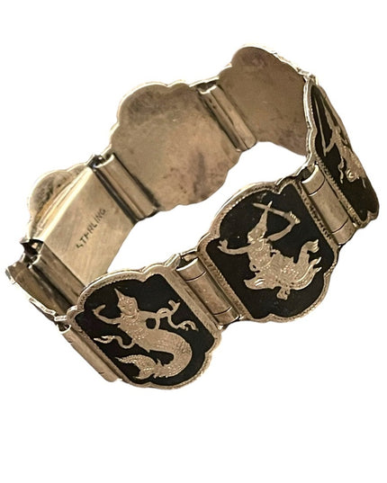 Vintage 1950s Sterling silver 925 Black enamel Goddess bracelet Chunky heavy