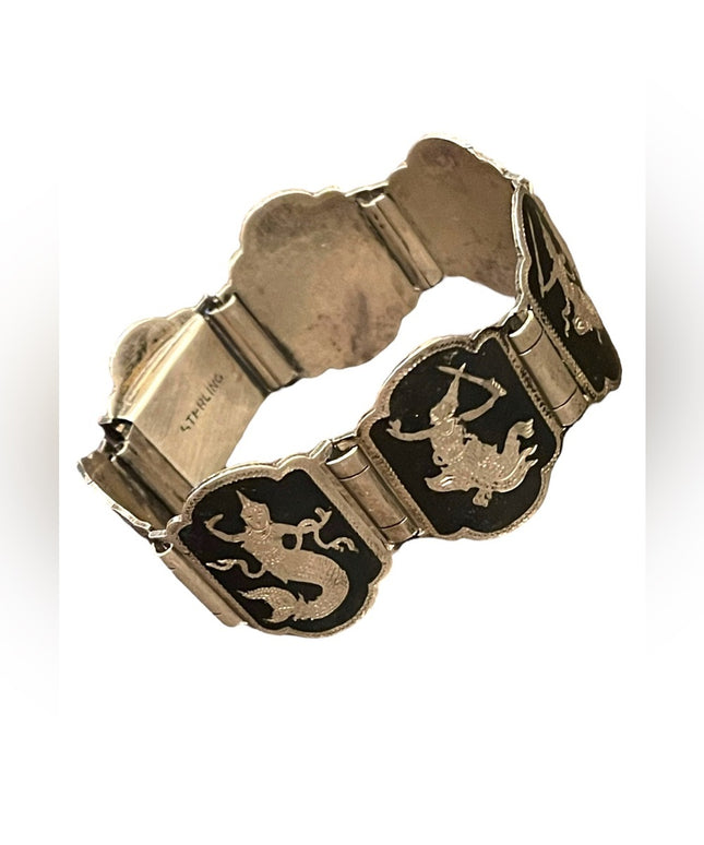 Vintage 1950s Sterling silver 925 Black enamel Goddess bracelet Chunky heavy