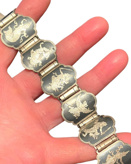 Vintage 1950s Sterling silver 925 Black enamel Goddess bracelet Chunky heavy