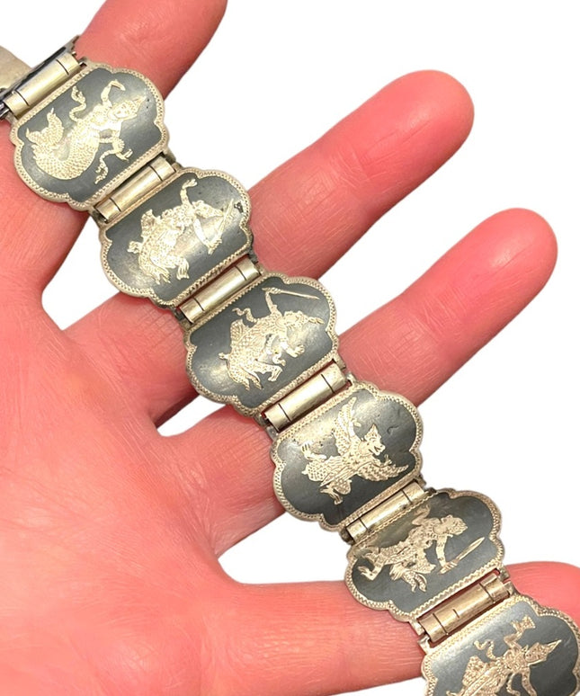 Vintage 1950s Sterling silver 925 Black enamel Goddess bracelet Chunky heavy
