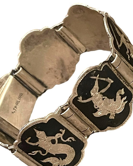 Vintage 1950s Sterling silver 925 Black enamel Goddess bracelet Chunky heavy