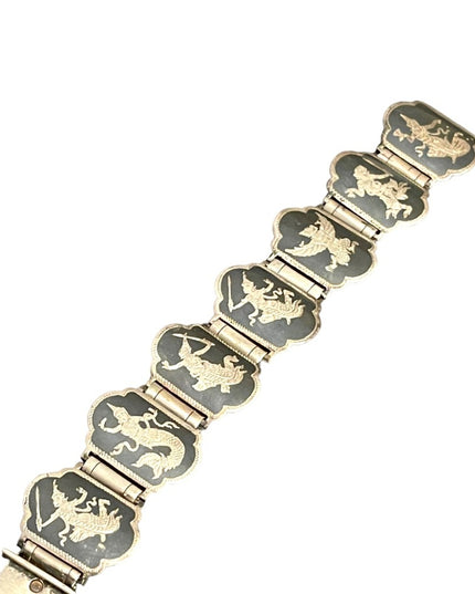 Vintage 1950s Sterling silver 925 Black enamel Goddess bracelet Chunky heavy