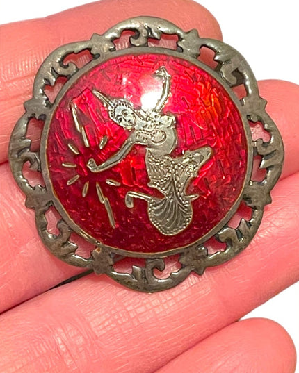 Rare Vintage Siam Sterling silver 925 Cherry red Enamel Goddess brooch