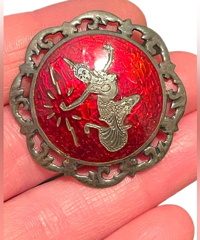 Rare Vintage Siam Sterling silver 925 Cherry red Enamel Goddess brooch
