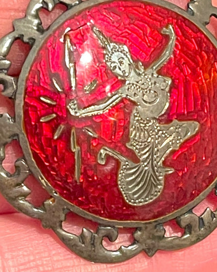 Rare Vintage Siam Sterling silver 925 Cherry red Enamel Goddess brooch