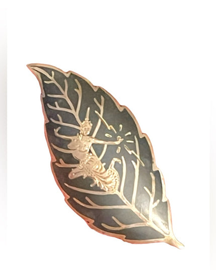 Vintage black enamel Sterling silver 925 Goddess Leaf brooch 1940s
