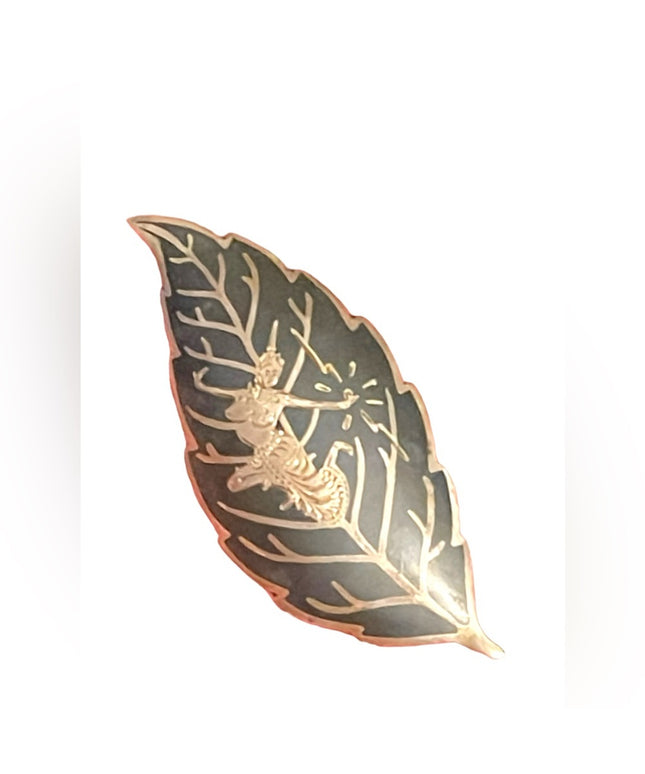 Vintage black enamel Sterling silver 925 Goddess Leaf brooch 1940s