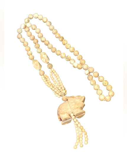 Vintage Chinese river rock stone Elephant pendant beaded hand knotted necklace