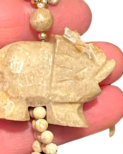 Vintage Chinese river rock stone Elephant pendant beaded hand knotted necklace