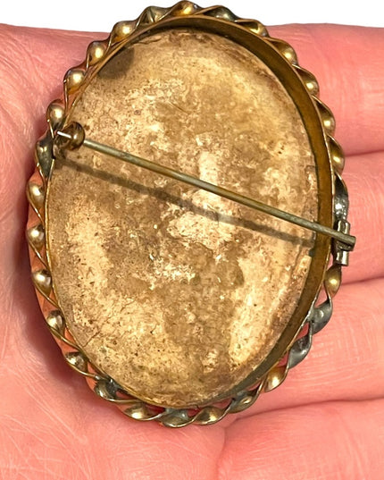 Antique Mourning Cameo Photo brooch 1880s Sailor rope twist finish rose gold