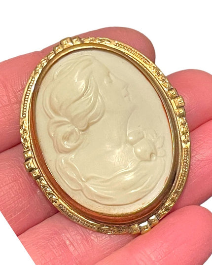 Antique Early 1900 Celluloid Plastic hand finished gold Fil large cameo brooch