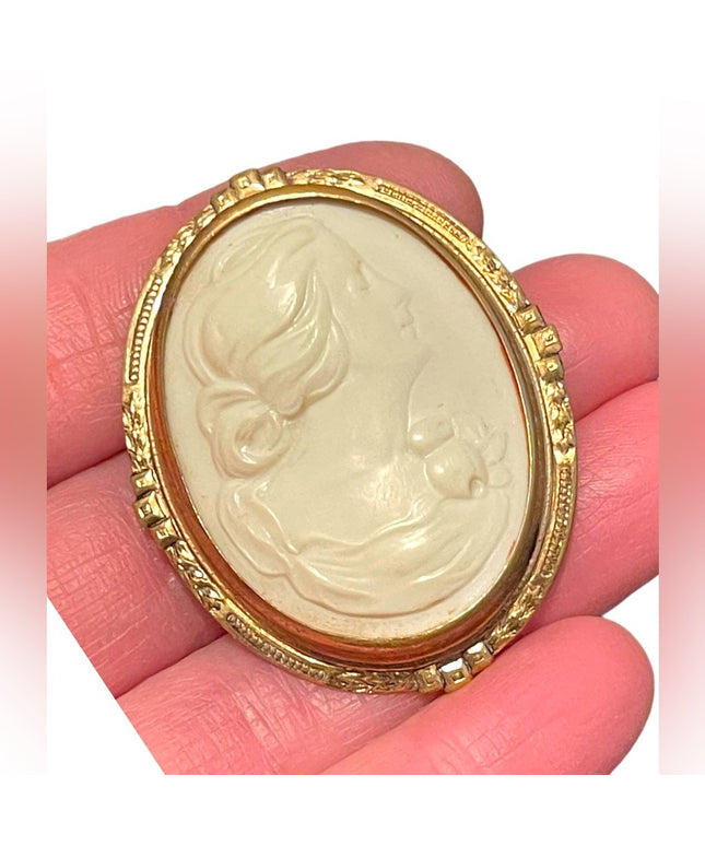Antique Early 1900 Celluloid Plastic hand finished gold Fil large cameo brooch