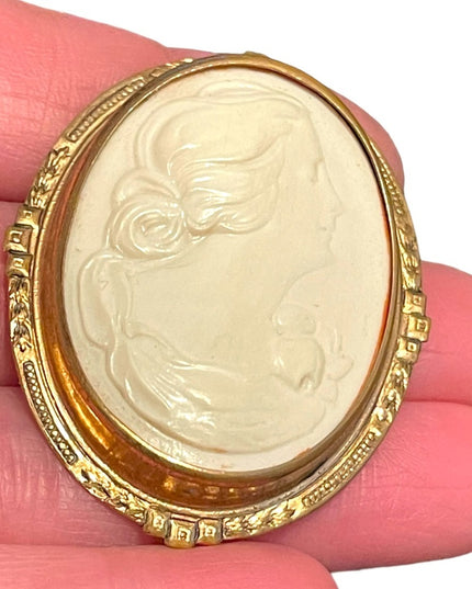 Antique Early 1900 Celluloid Plastic hand finished gold Fil large cameo brooch