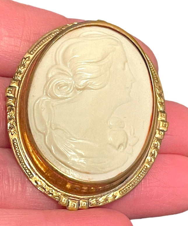 Antique Early 1900 Celluloid Plastic hand finished gold Fil large cameo brooch