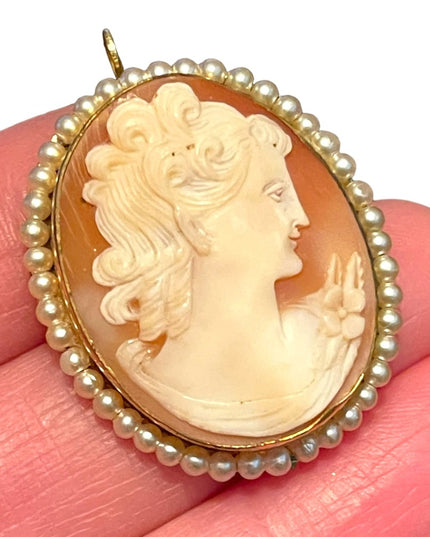 Vintage Hand Carved shell 12K Gold Filled Victorian Lady FWP trim brooch pendant