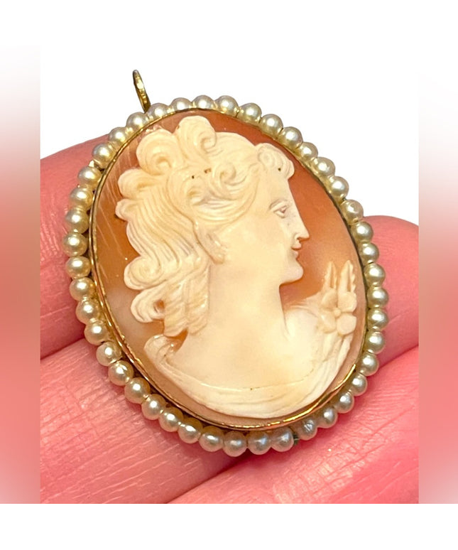 Vintage Hand Carved shell 12K Gold Filled Victorian Lady FWP trim brooch pendant