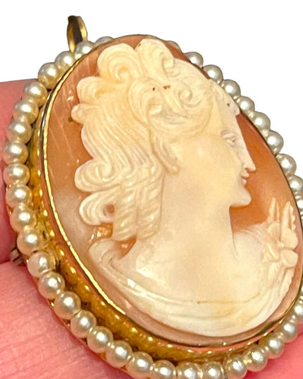 Vintage Hand Carved shell 12K Gold Filled Victorian Lady FWP trim brooch pendant