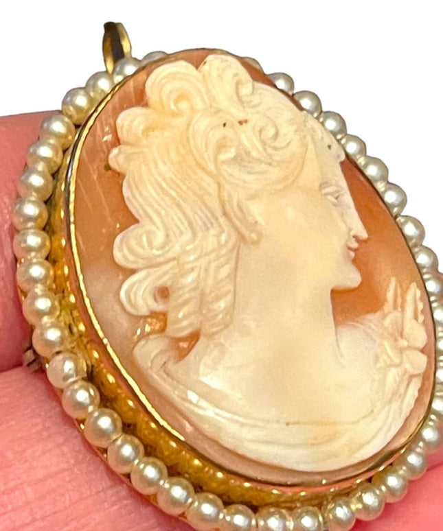 Vintage Hand Carved shell 12K Gold Filled Victorian Lady FWP trim brooch pendant